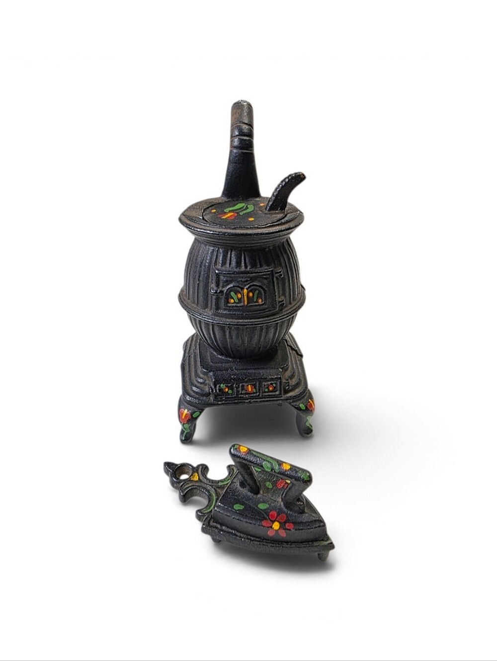 Vintage Hand-Painted Cast Iron Miniature Stove and Iron